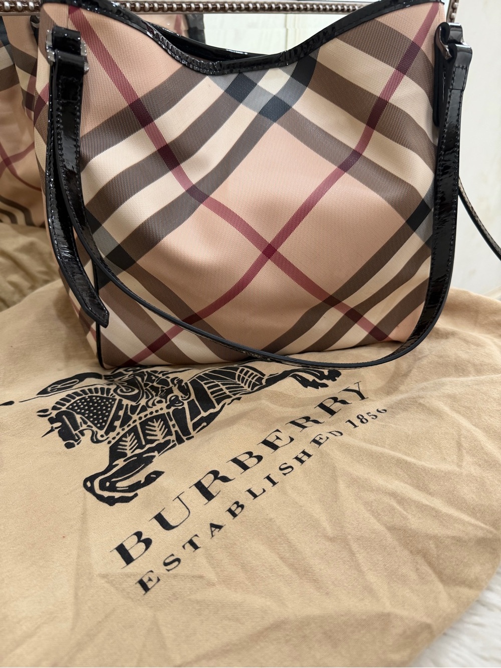 Burberry Beige Check Shoulder Bag with Black Trim
